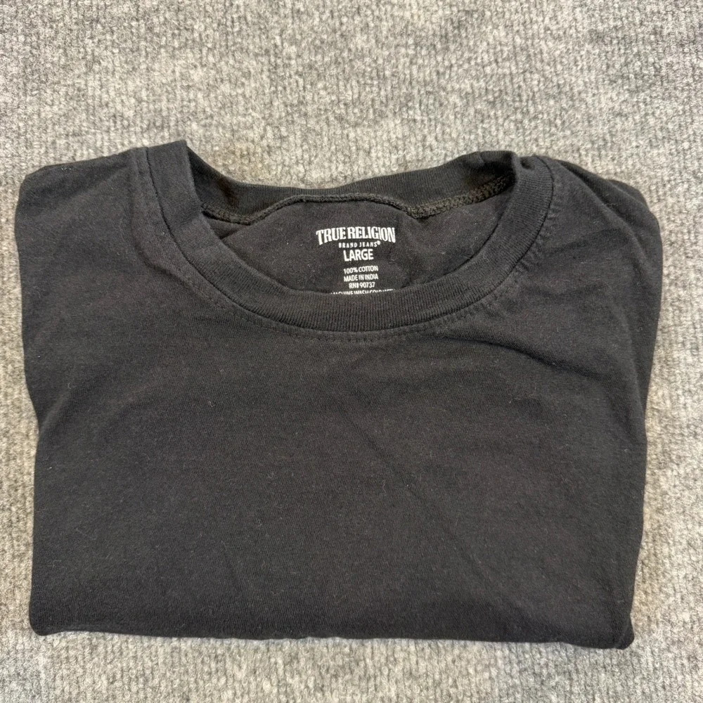True Religion Mens Black Gold Foil Horseshoe Sleeve Logo T-Shirt Large L